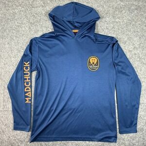 Mad Chuck Performance Hoodie Mens Large Navy Blue Orange Graphic Pullover Shirt